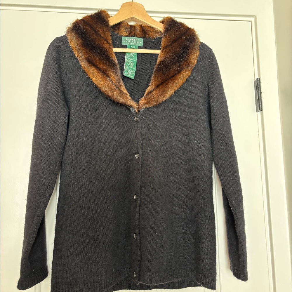 Vintage Ralph Lauren Black Wool Cashmere Angora Faux Fur Collar Cardigan SP - Picture 2 of 7